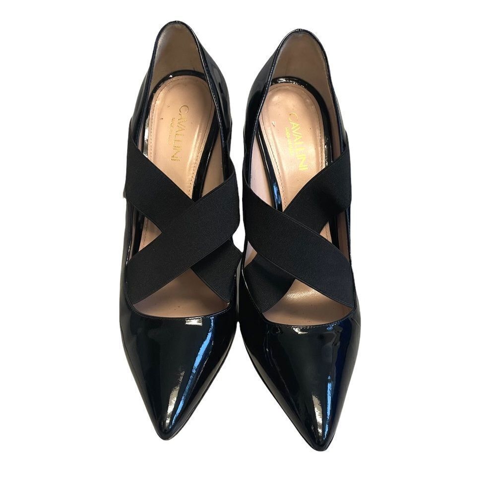 ERIKA CAVALLINI Italy Black Patent Leather Pointy Toe Heels Pumps Cross Strap 38 - Picture 6 of 11